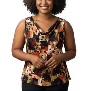 Penningtons Multicolour Abstract Artsy Geometric Cowl Neck Tank Top 2X Black